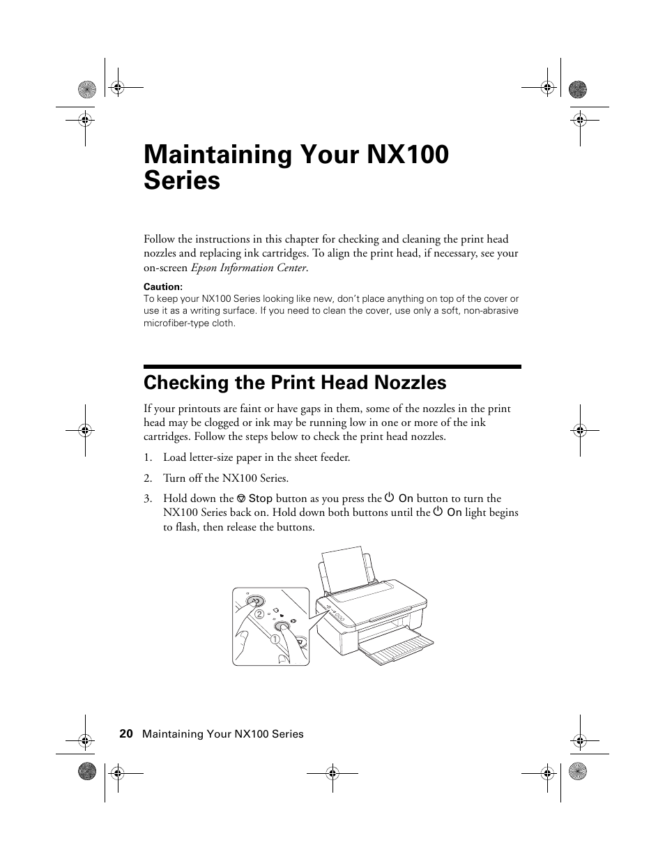 Maintaining your nx100 series, Checking the print head nozzles | Epson Stylus NX100 User Manual | Page 20 / 40