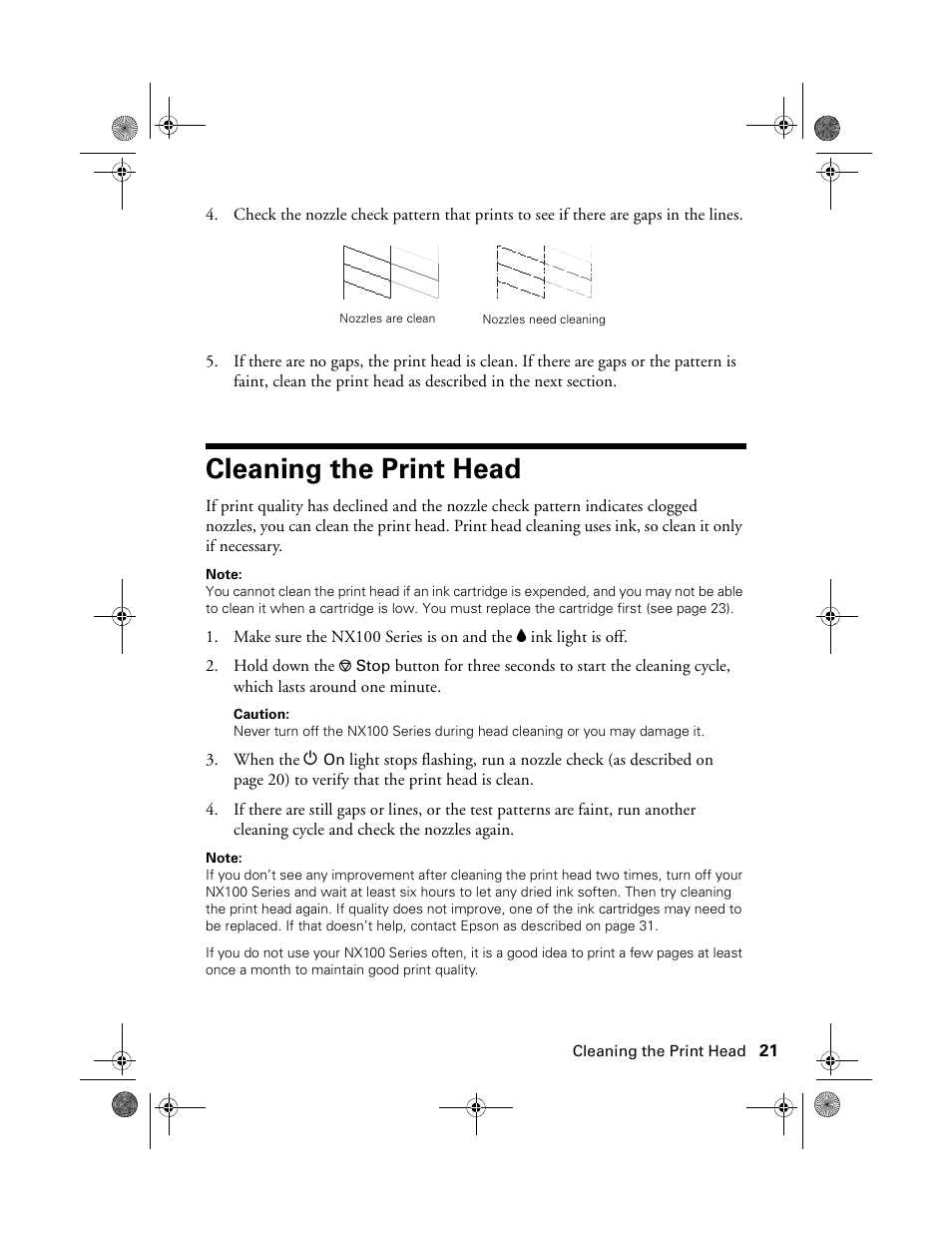Cleaning the print head | Epson Stylus NX100 User Manual | Page 21 / 40