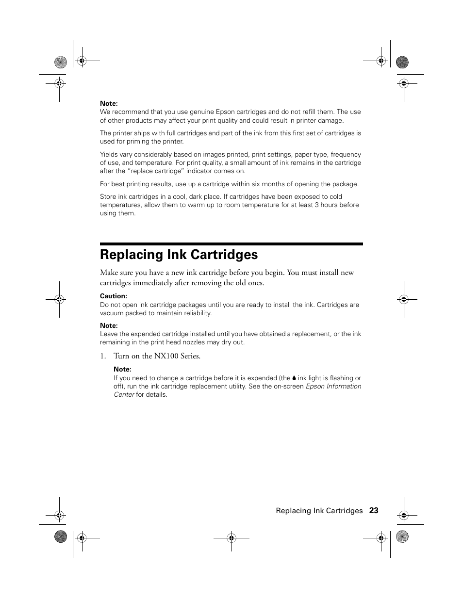 Replacing ink cartridges | Epson Stylus NX100 User Manual | Page 23 / 40