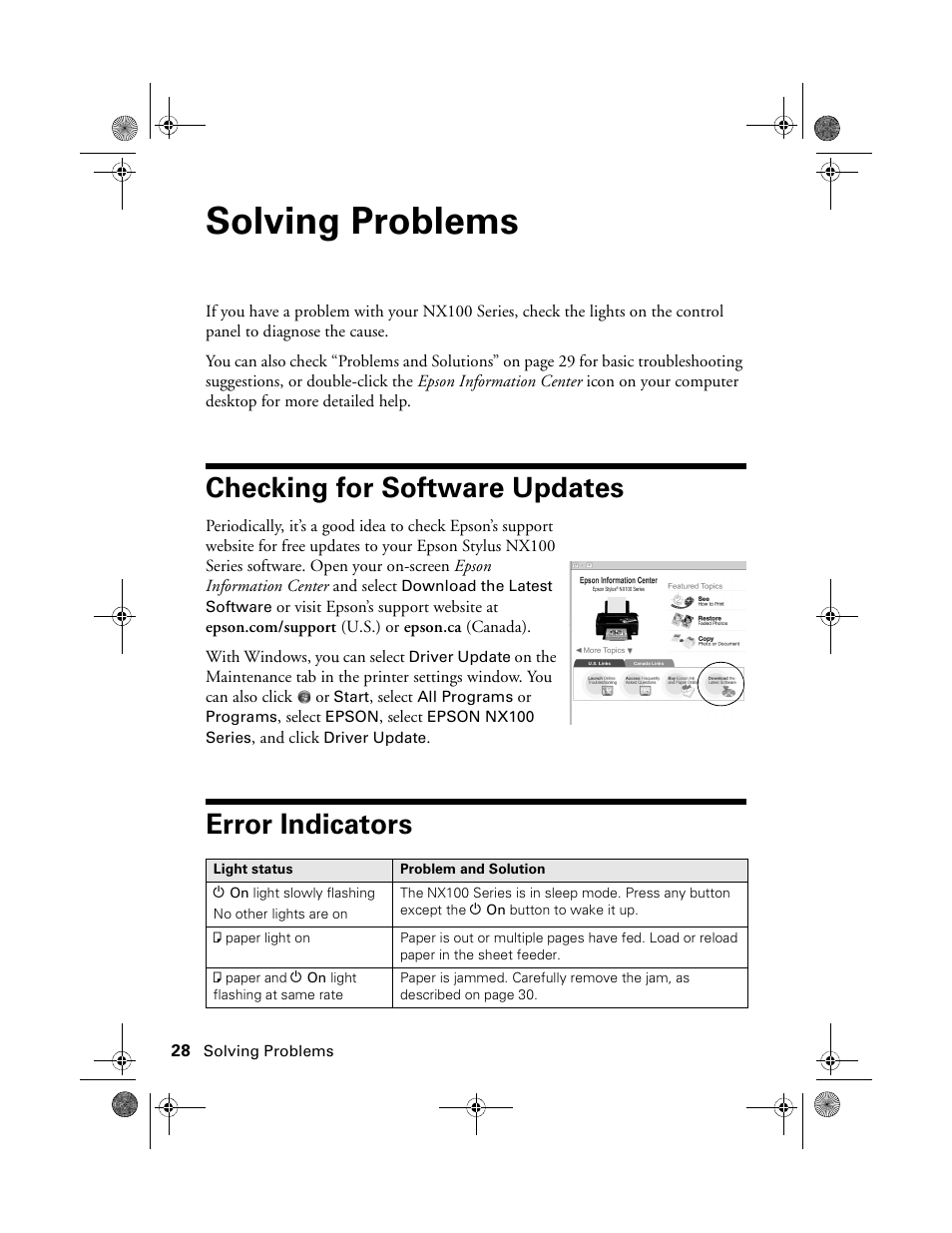 Solving problems, Checking for software updates, Error indicators | Checking for software updates error indicators | Epson Stylus NX100 User Manual | Page 28 / 40