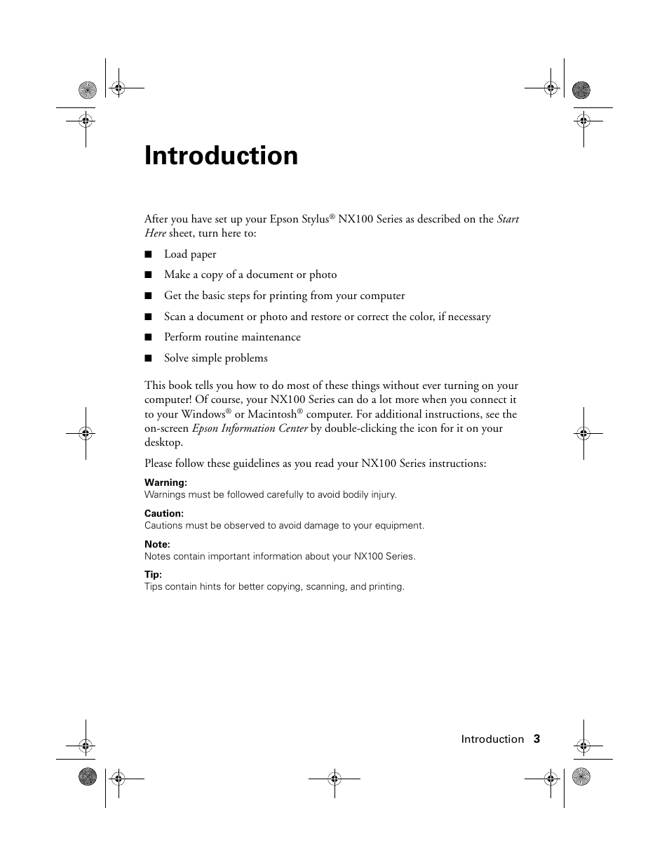 Introduction | Epson Stylus NX100 User Manual | Page 3 / 40