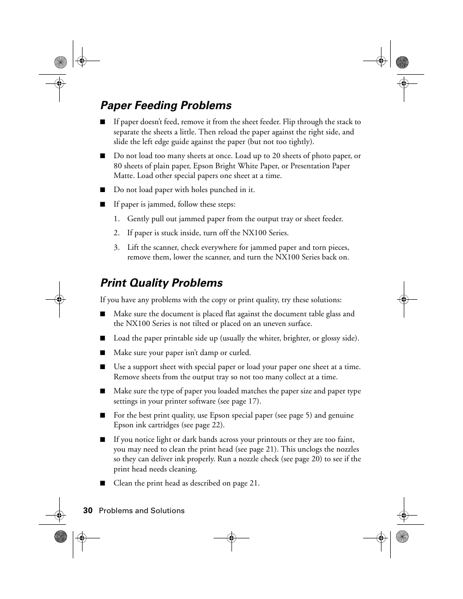 Paper feeding problems, Print quality problems | Epson Stylus NX100 User Manual | Page 30 / 40