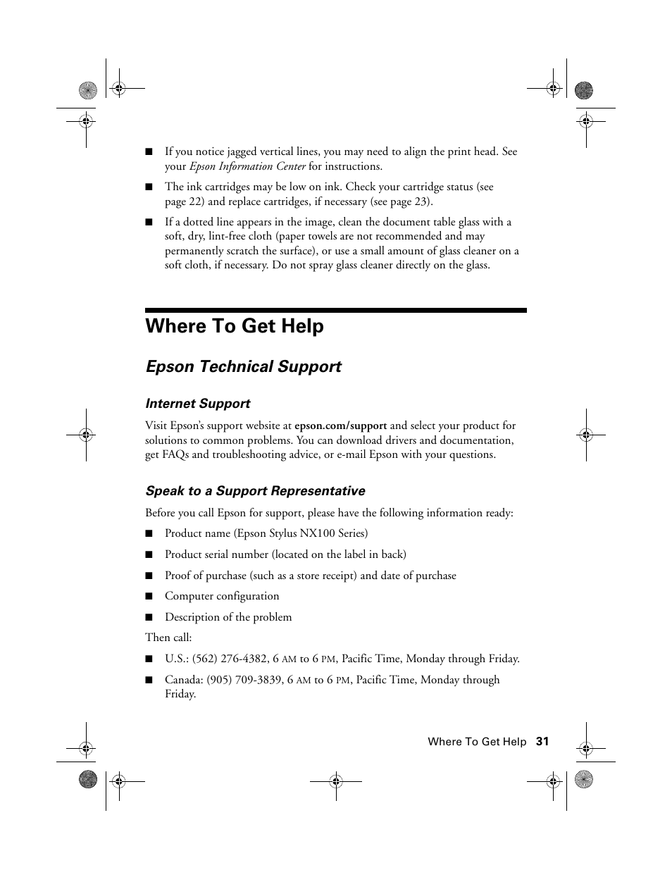 Where to get help, Epson technical support | Epson Stylus NX100 User Manual | Page 31 / 40