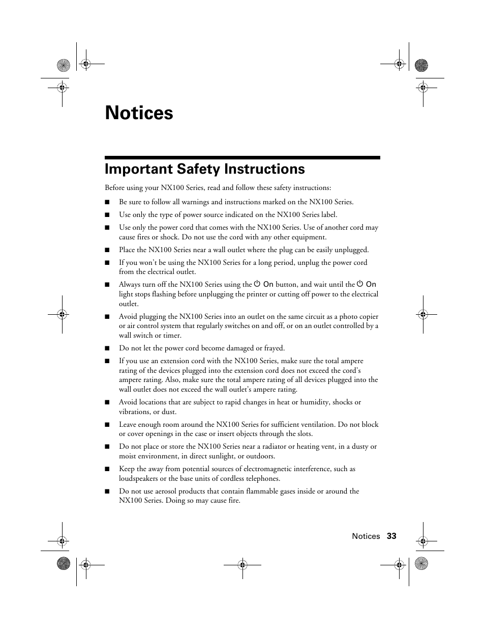 Notices, Important safety instructions | Epson Stylus NX100 User Manual | Page 33 / 40