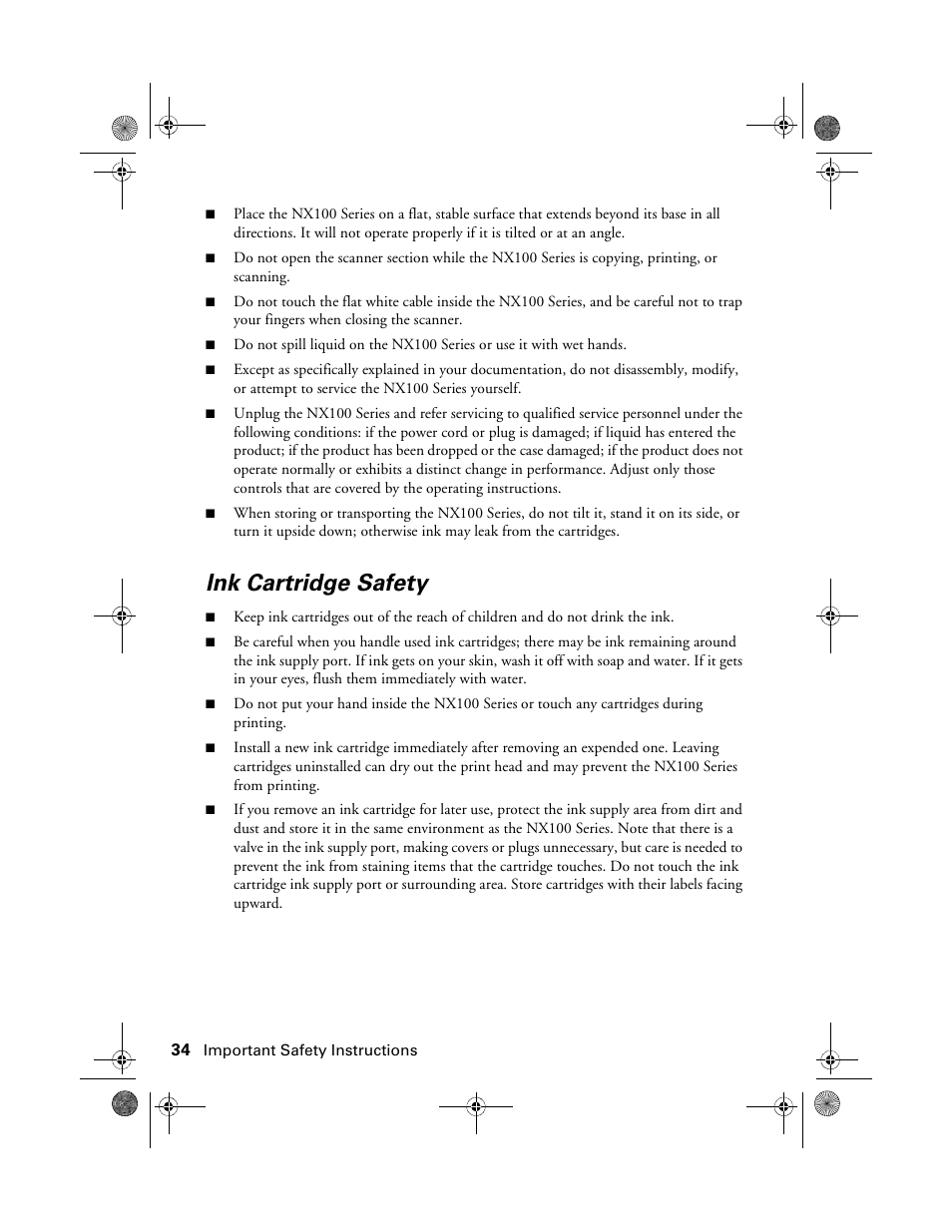 Ink cartridge safety | Epson Stylus NX100 User Manual | Page 34 / 40