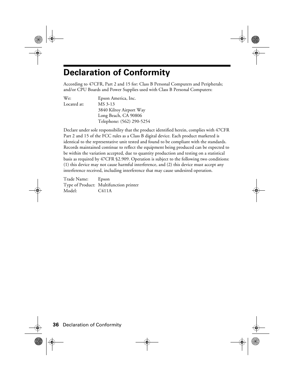 Declaration of conformity | Epson Stylus NX100 User Manual | Page 36 / 40