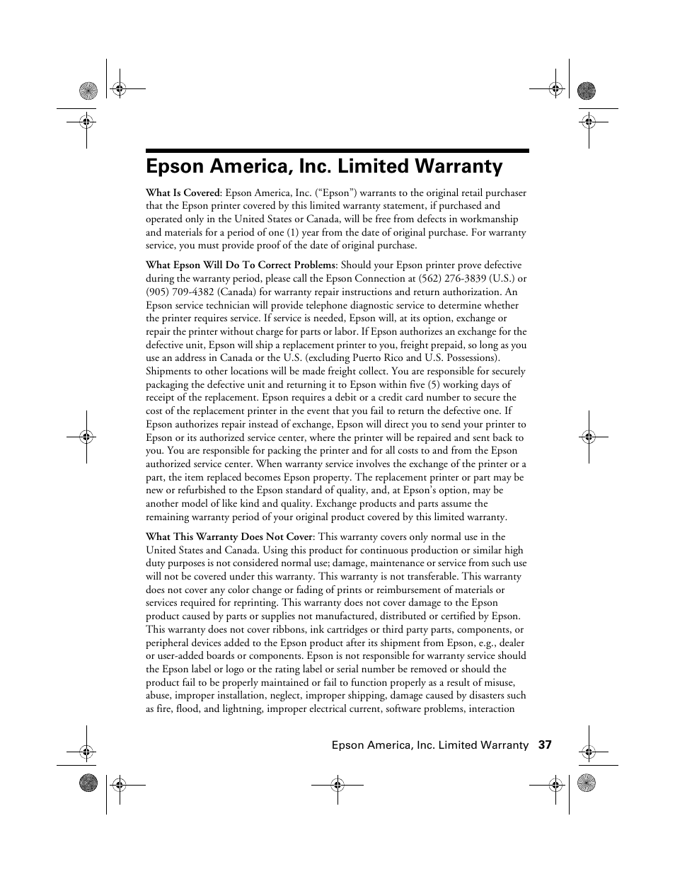 Epson america, inc. limited warranty, Warranty | Epson Stylus NX100 User Manual | Page 37 / 40