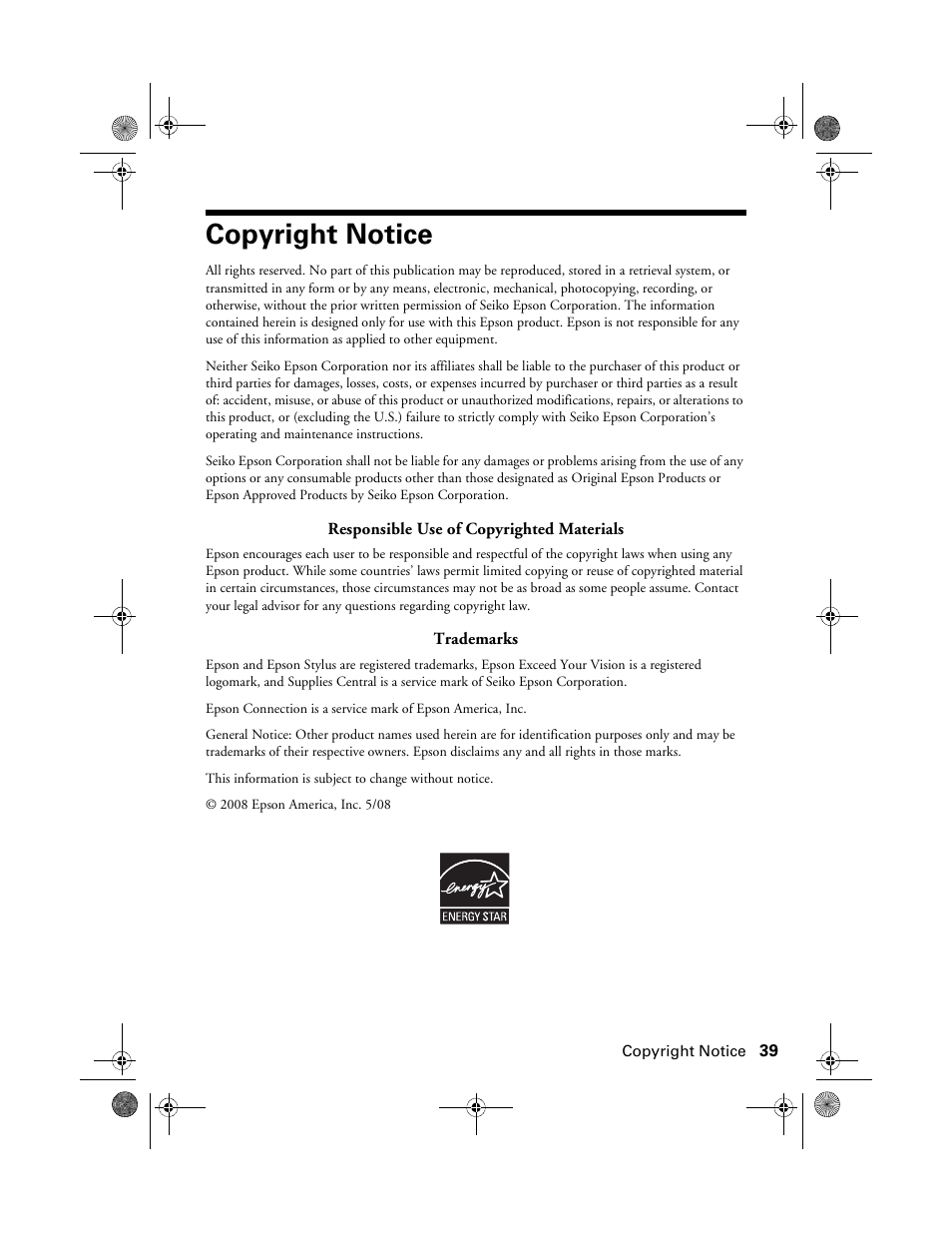 Copyright notice | Epson Stylus NX100 User Manual | Page 39 / 40