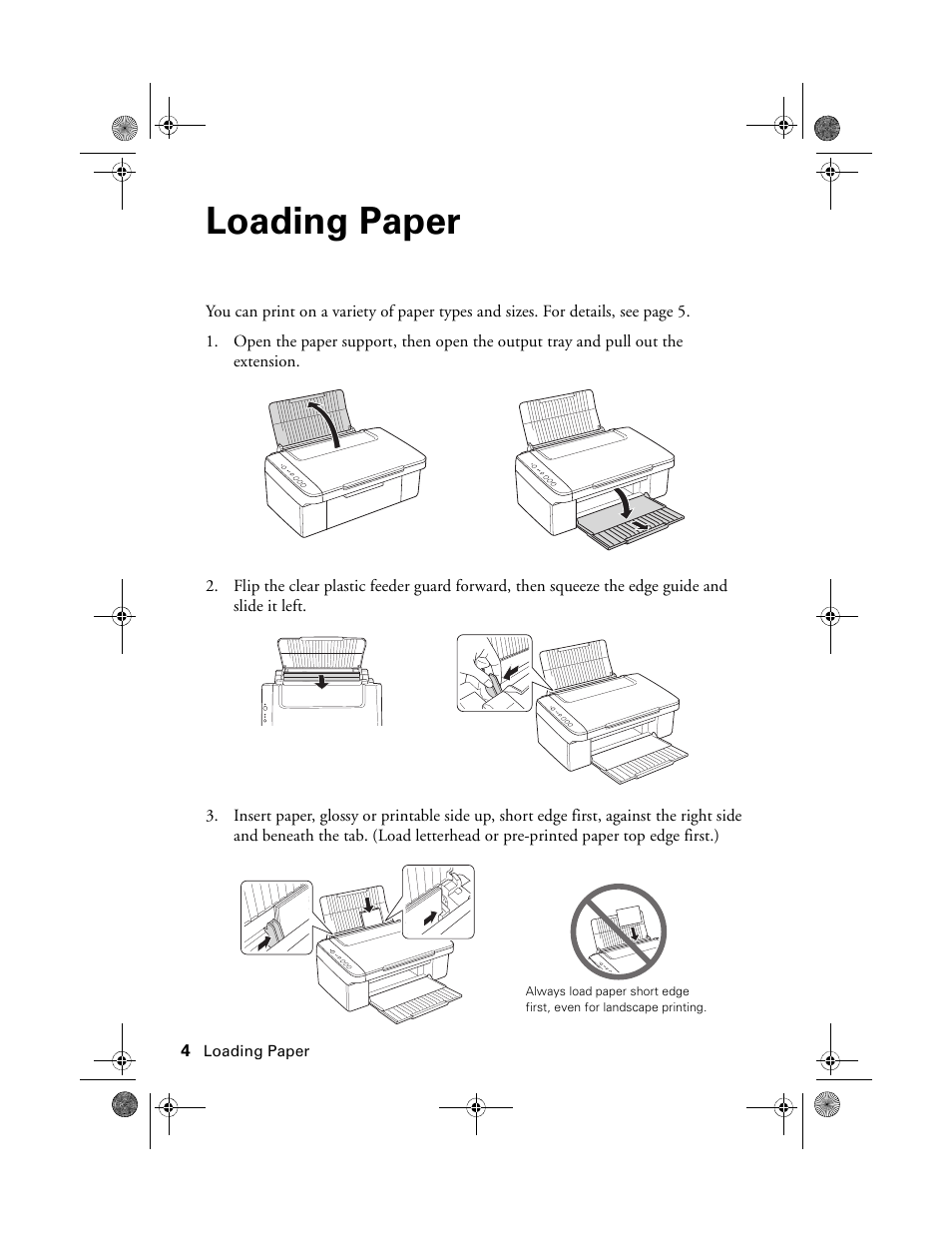 Loading paper | Epson Stylus NX100 User Manual | Page 4 / 40