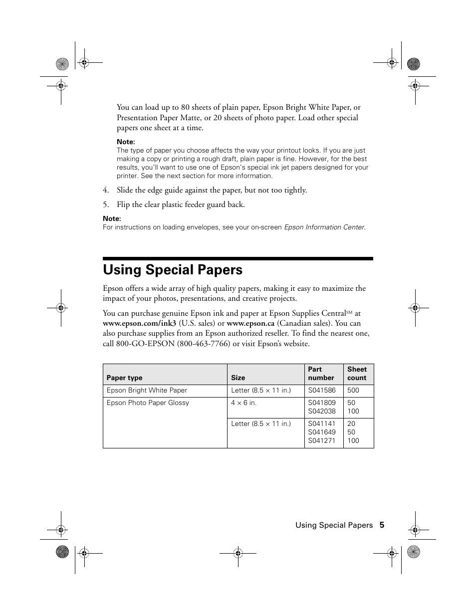 Using special papers | Epson Stylus NX100 User Manual | Page 5 / 40
