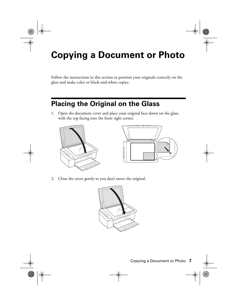 Copying a document or photo, Placing the original on the glass | Epson Stylus NX100 User Manual | Page 7 / 40