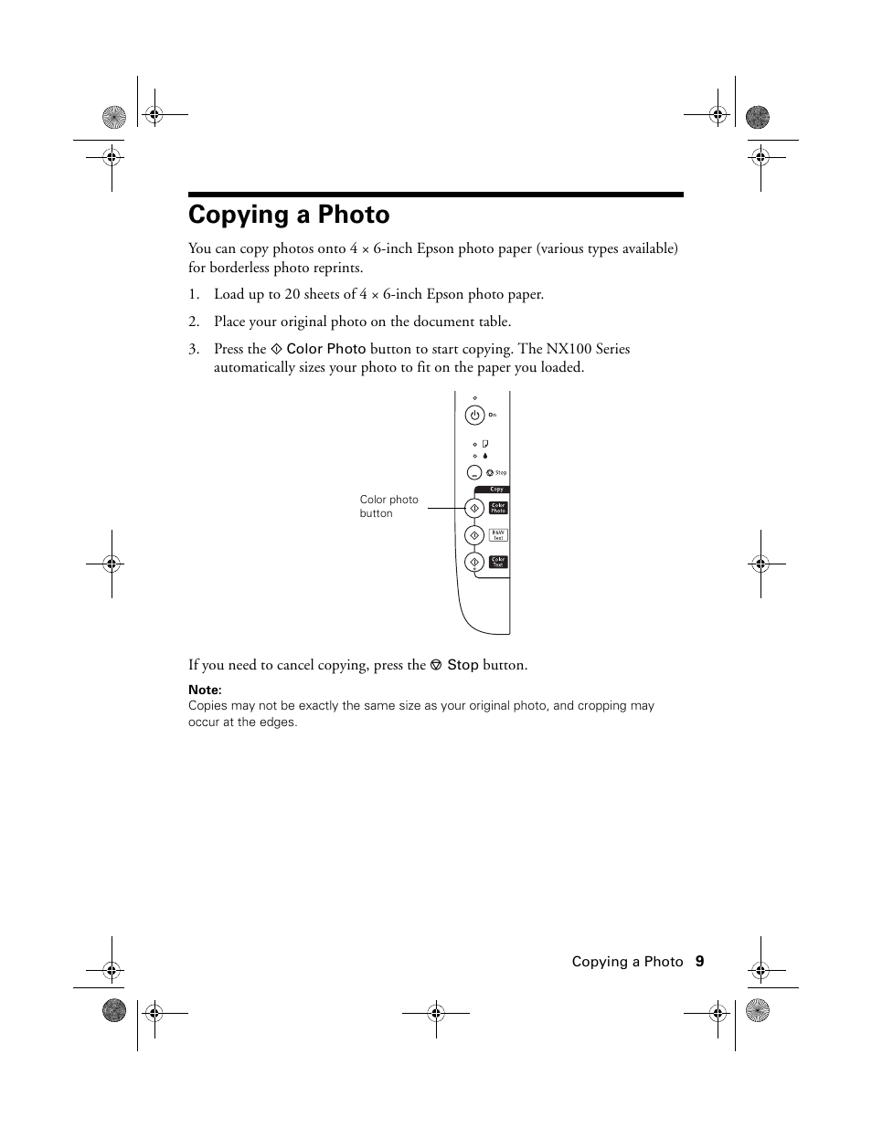 Copying a photo | Epson Stylus NX100 User Manual | Page 9 / 40