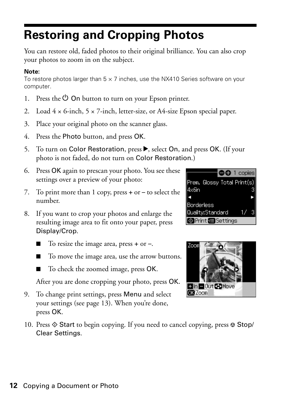 Restoring and cropping photos | Epson STYLUS NX410 User Manual | Page 12 / 48