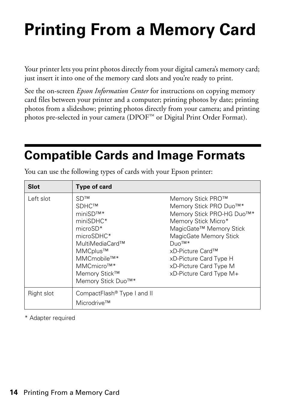 Printing from a memory card, Compatible cards and image formats | Epson STYLUS NX410 User Manual | Page 14 / 48