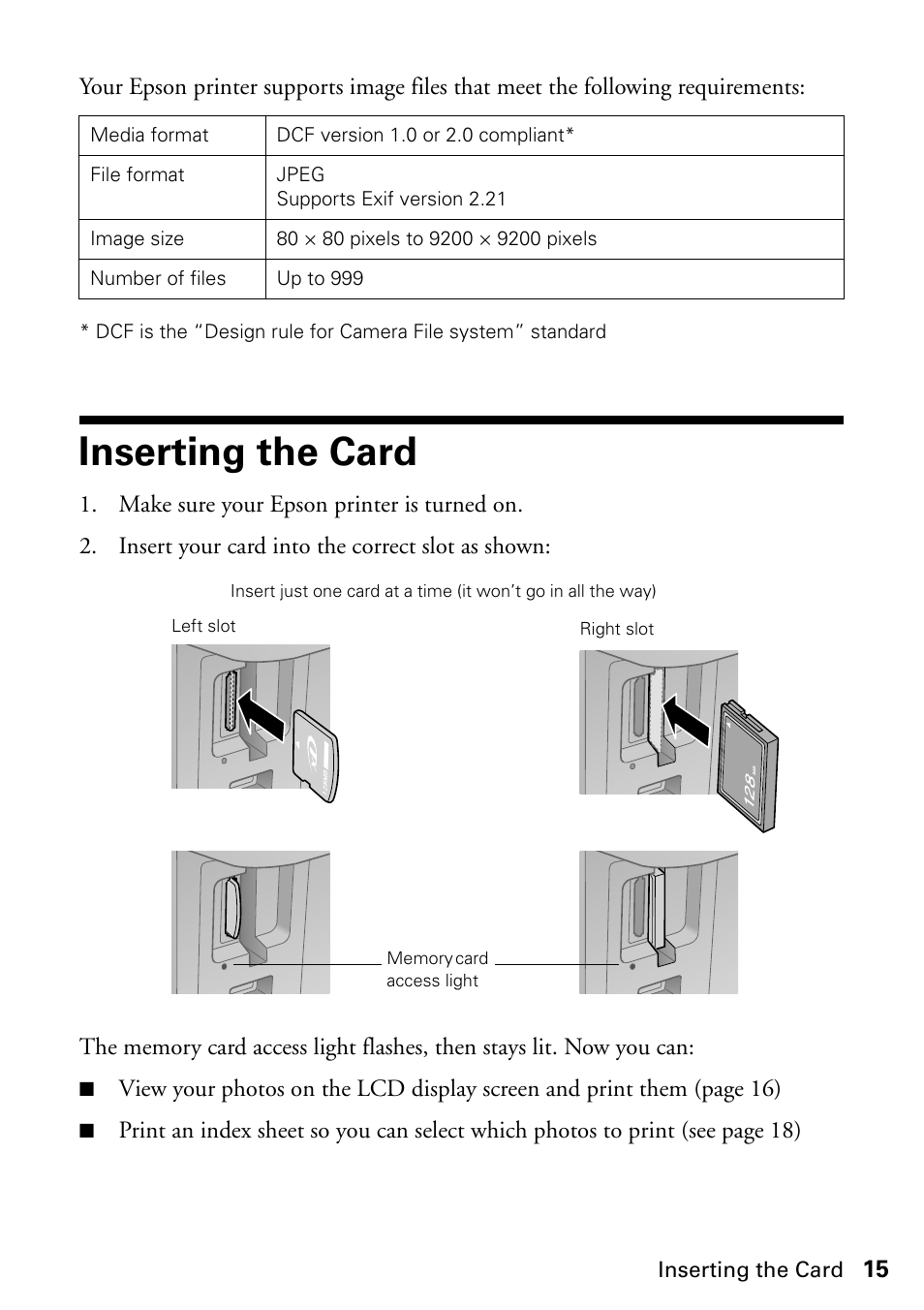 Inserting the card | Epson STYLUS NX410 User Manual | Page 15 / 48