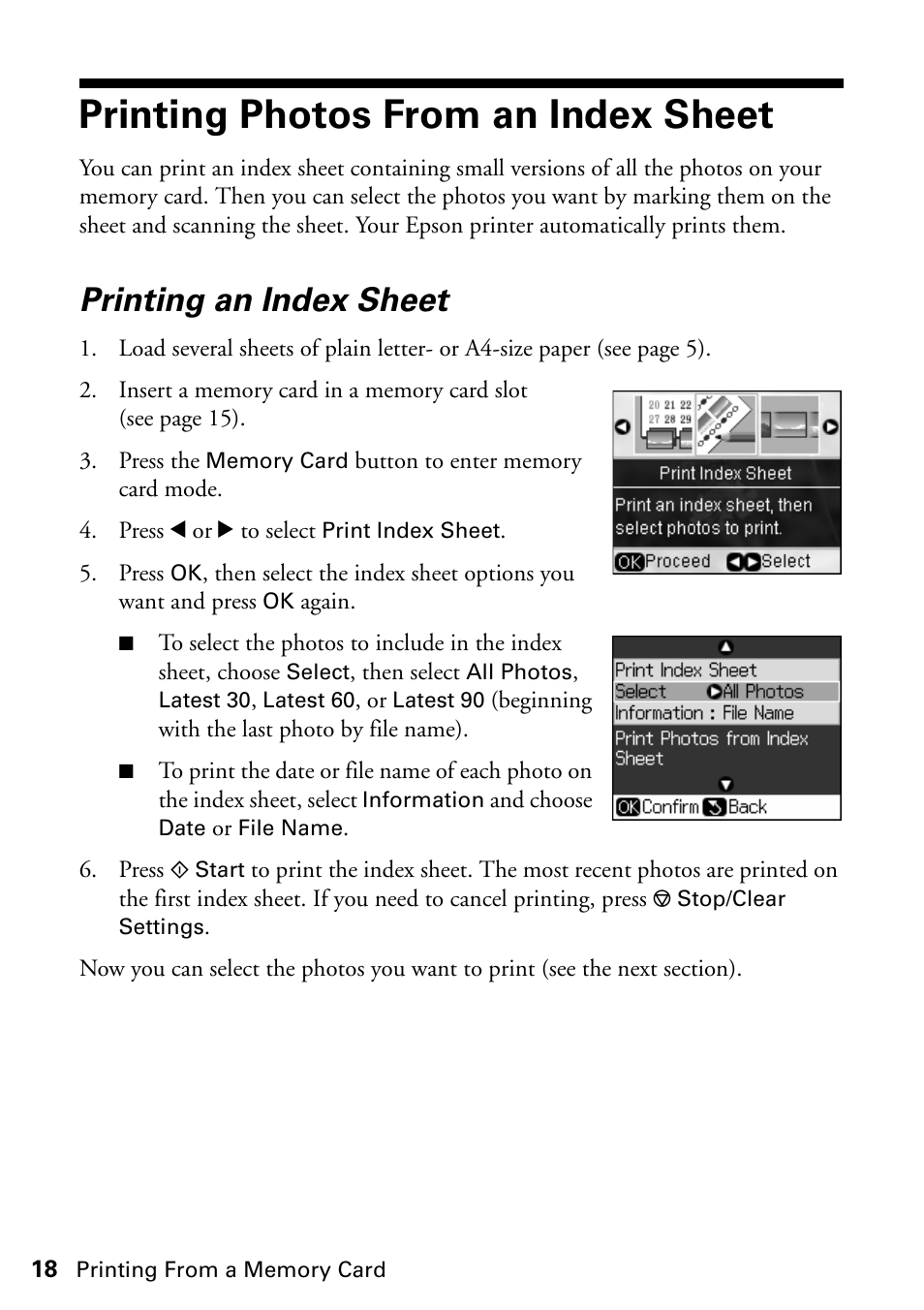 Printing photos from an index sheet, Printing an index sheet | Epson STYLUS NX410 User Manual | Page 18 / 48