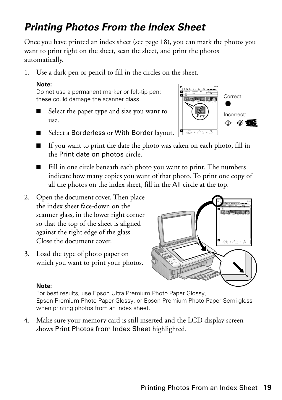 Printing photos from the index sheet | Epson STYLUS NX410 User Manual | Page 19 / 48