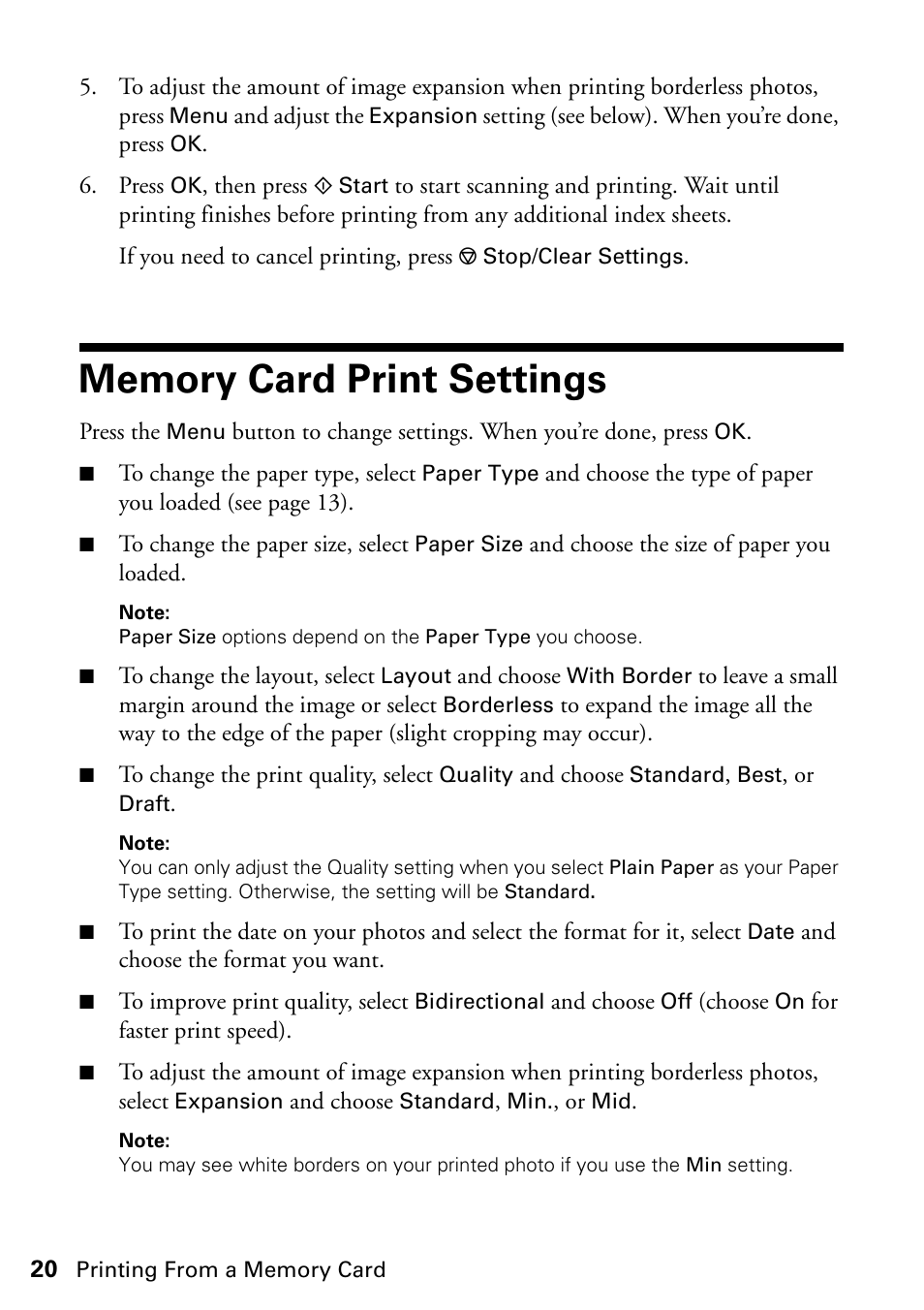 Memory card print settings | Epson STYLUS NX410 User Manual | Page 20 / 48