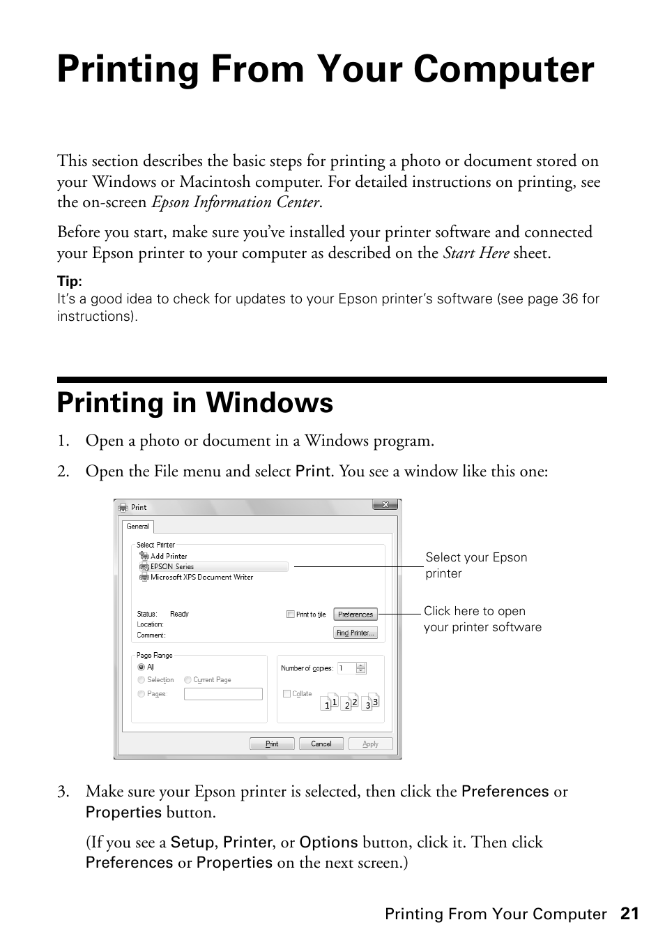 Printing from your computer, Printing in windows | Epson STYLUS NX410 User Manual | Page 21 / 48