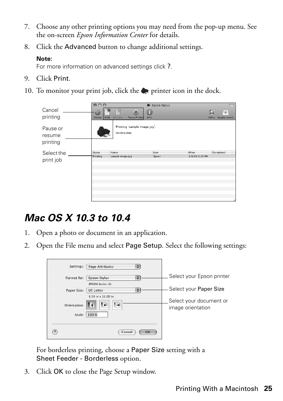Mac os x 10.3 to 10.4 | Epson STYLUS NX410 User Manual | Page 25 / 48