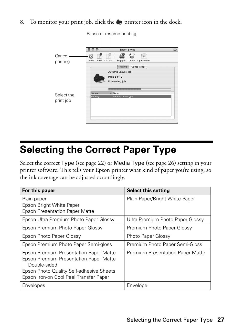 Selecting the correct paper type | Epson STYLUS NX410 User Manual | Page 27 / 48