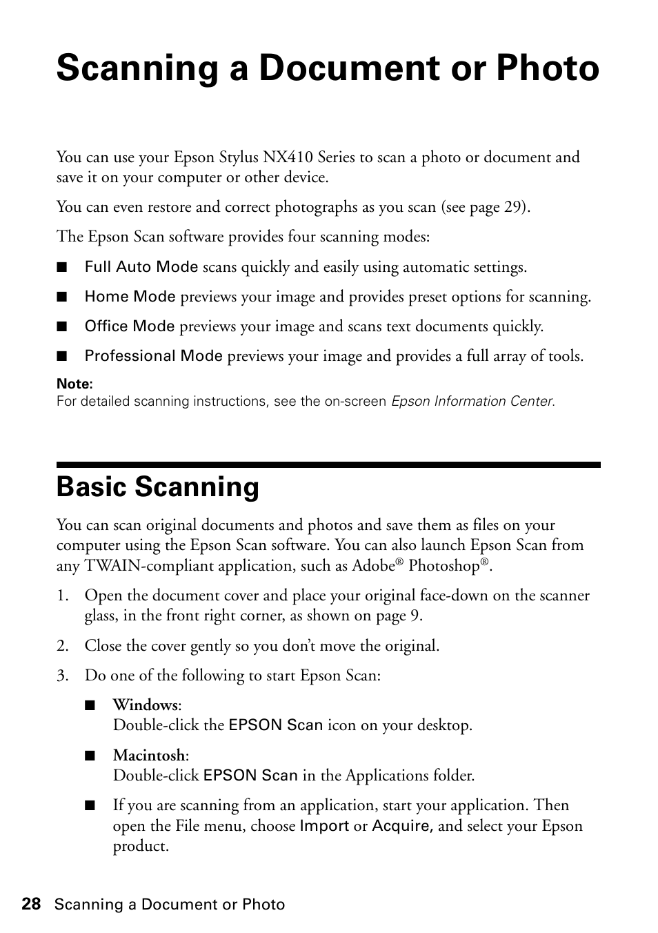 Scanning a document or photo, Basic scanning | Epson STYLUS NX410 User Manual | Page 28 / 48