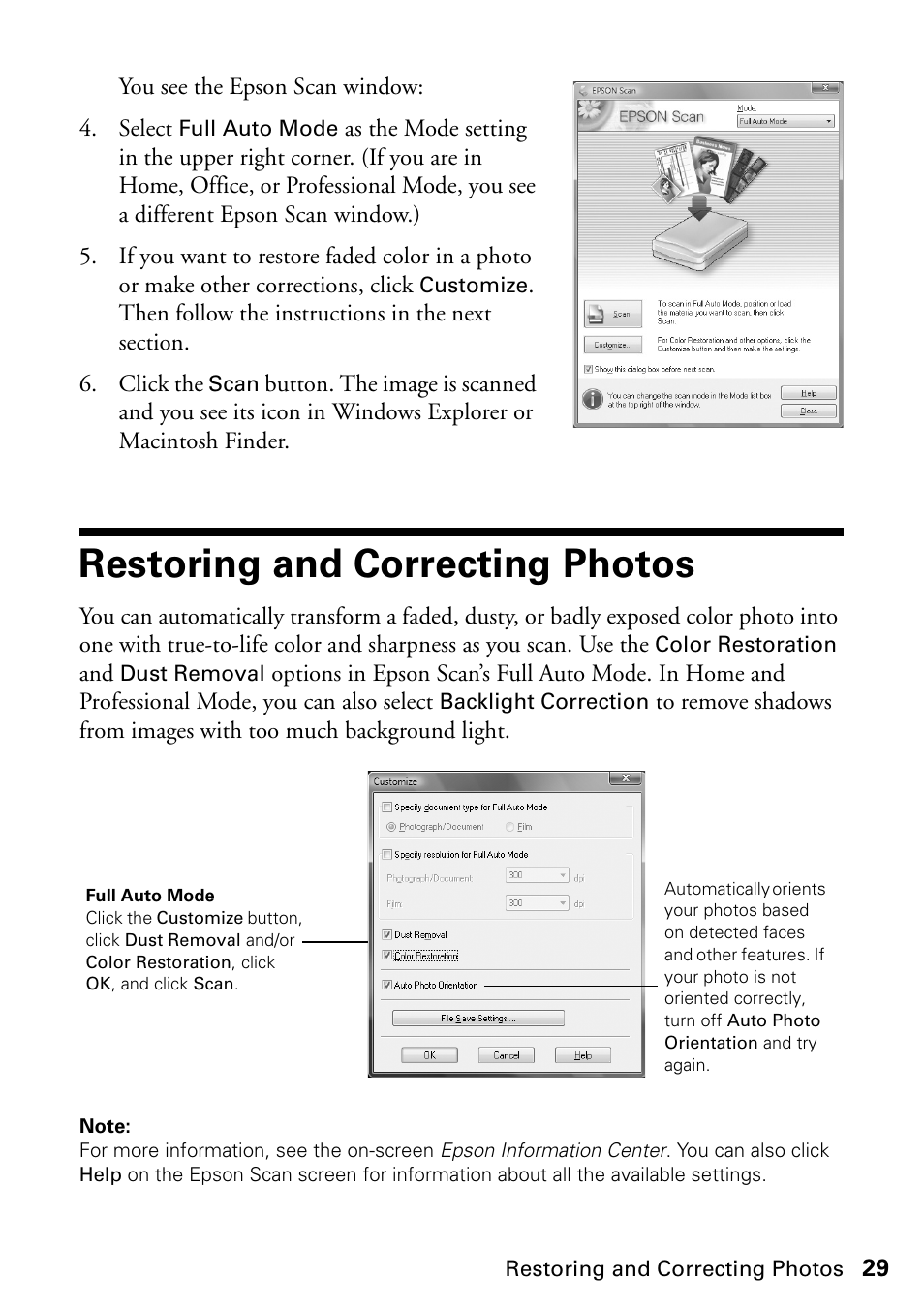 Restoring and correcting photos | Epson STYLUS NX410 User Manual | Page 29 / 48