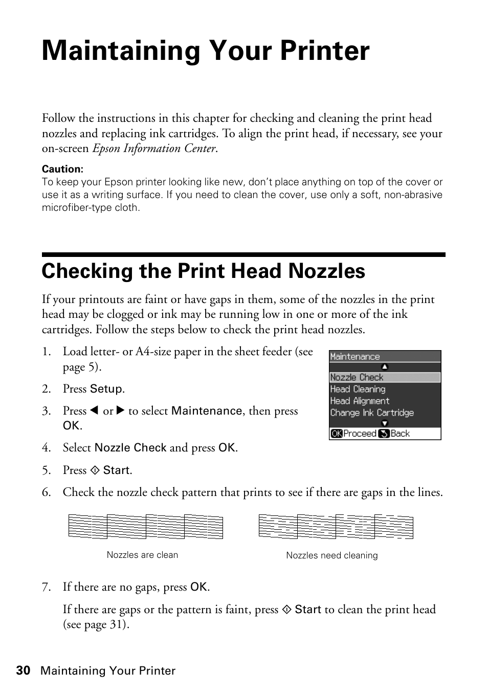 Maintaining your printer, Checking the print head nozzles | Epson STYLUS NX410 User Manual | Page 30 / 48