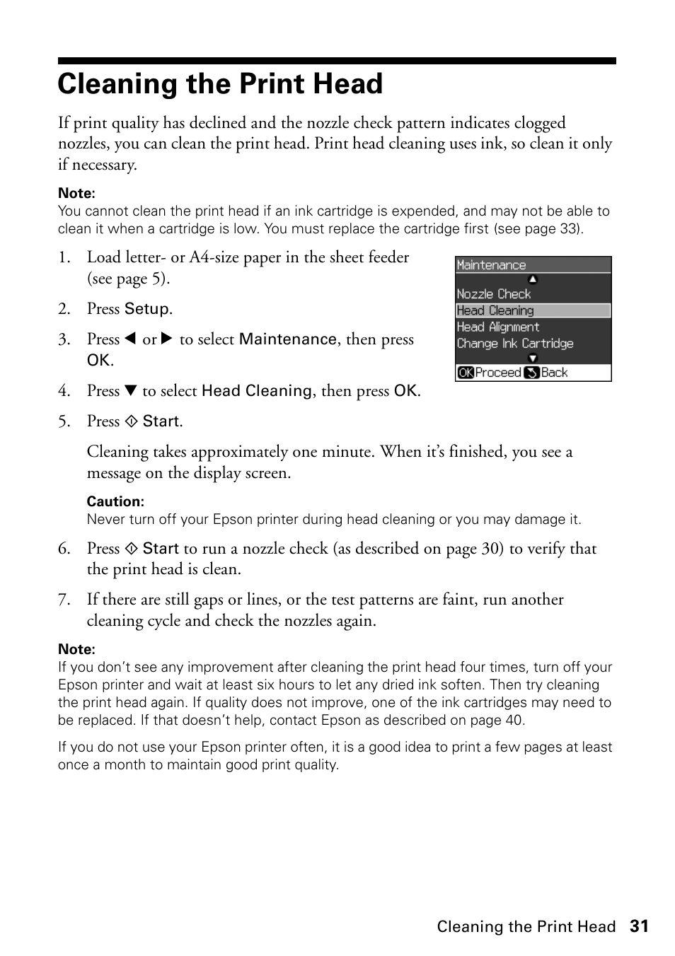 Cleaning the print head | Epson STYLUS NX410 User Manual | Page 31 / 48