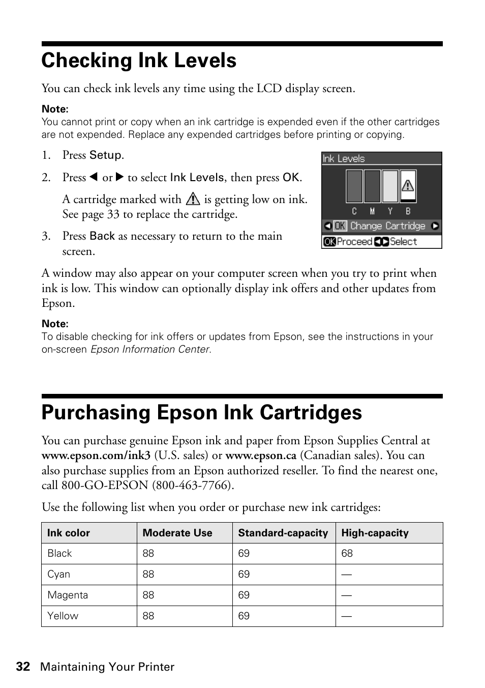 Checking ink levels, Purchasing epson ink cartridges | Epson STYLUS NX410 User Manual | Page 32 / 48
