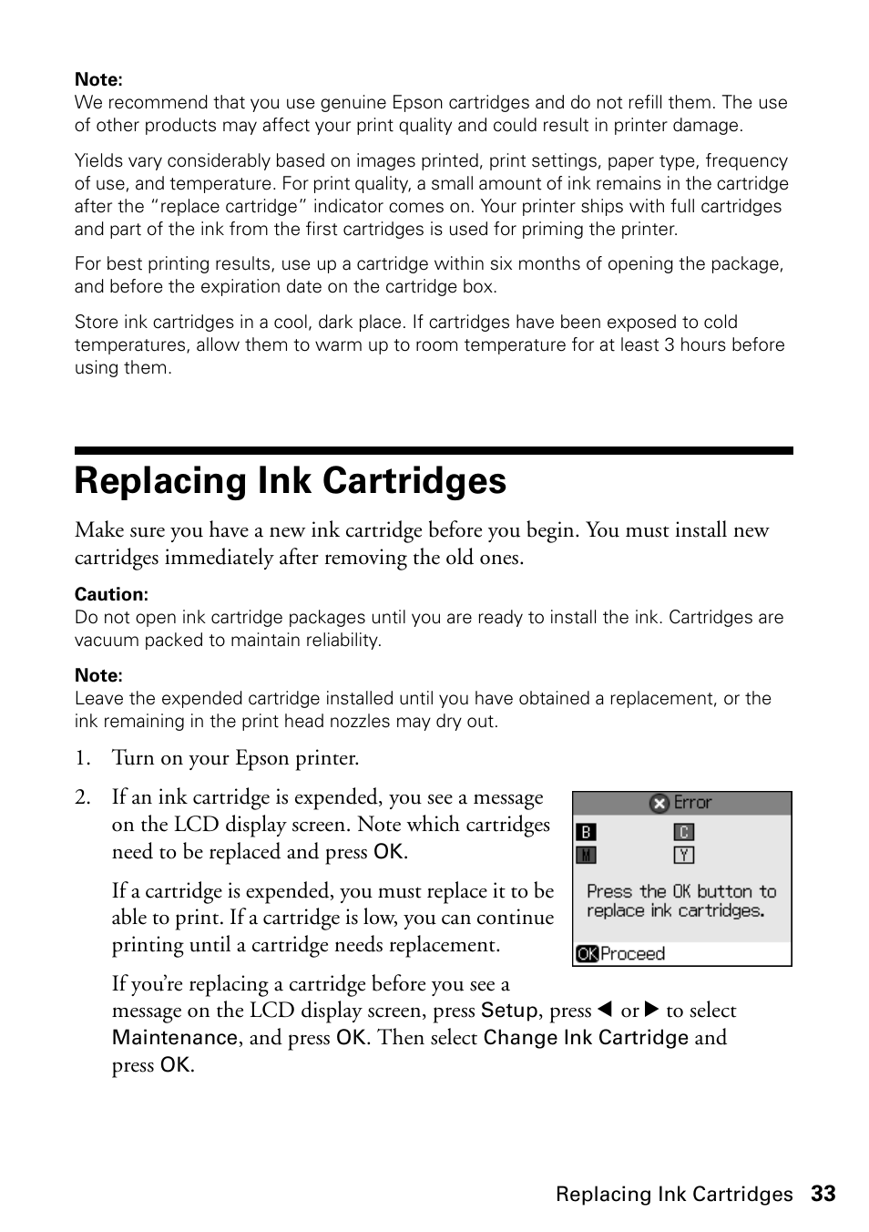 Replacing ink cartridges | Epson STYLUS NX410 User Manual | Page 33 / 48