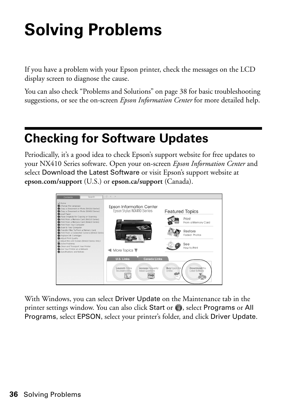 Solving problems, Checking for software updates | Epson STYLUS NX410 User Manual | Page 36 / 48