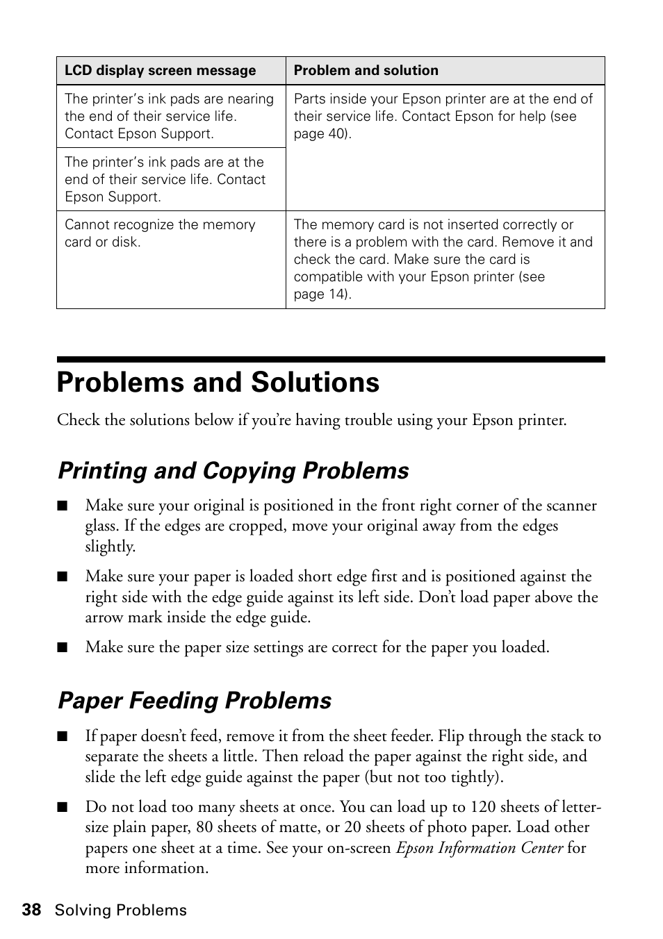 Problems and solutions, Printing and copying problems, Paper feeding problems | Epson STYLUS NX410 User Manual | Page 38 / 48