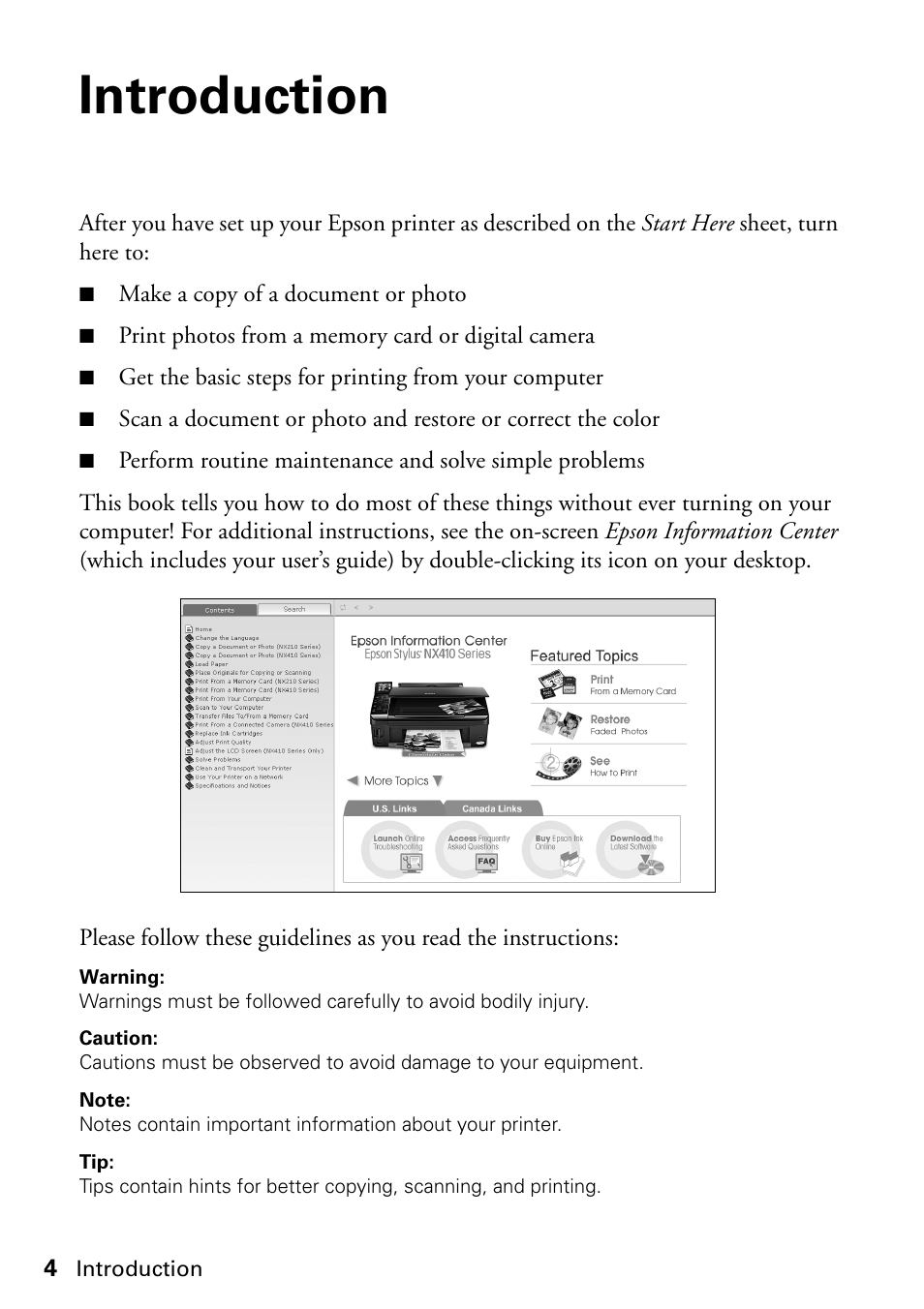 Introduction | Epson STYLUS NX410 User Manual | Page 4 / 48