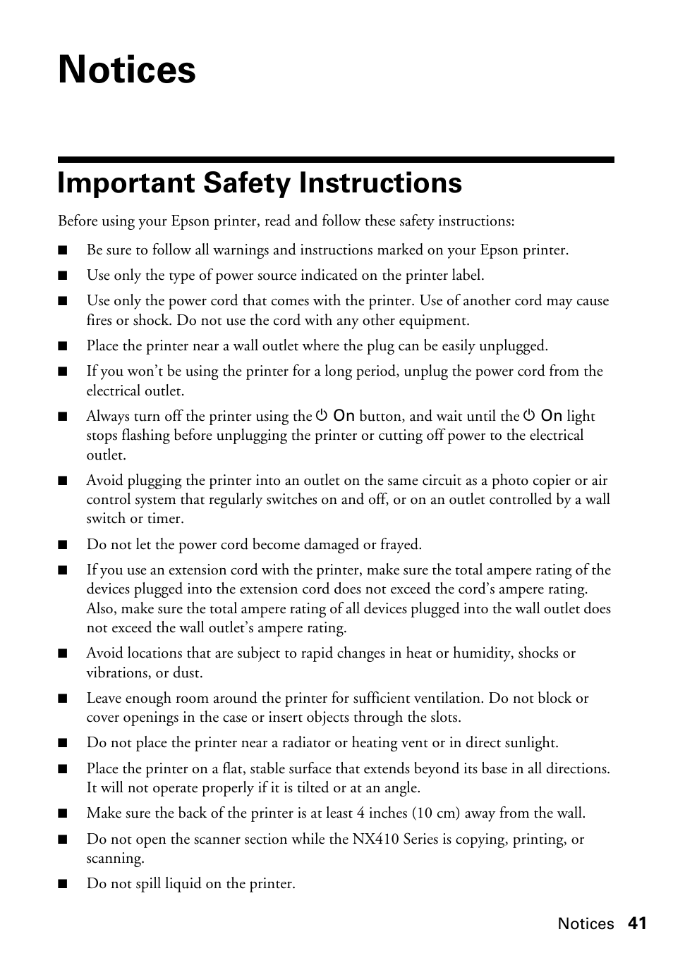 Notices, Important safety instructions | Epson STYLUS NX410 User Manual | Page 41 / 48