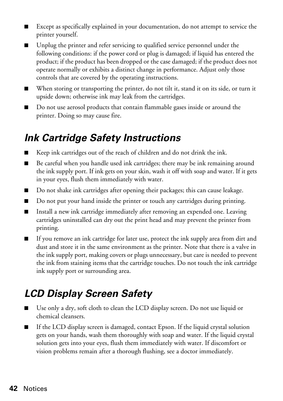 Ink cartridge safety instructions, Lcd display screen safety | Epson STYLUS NX410 User Manual | Page 42 / 48