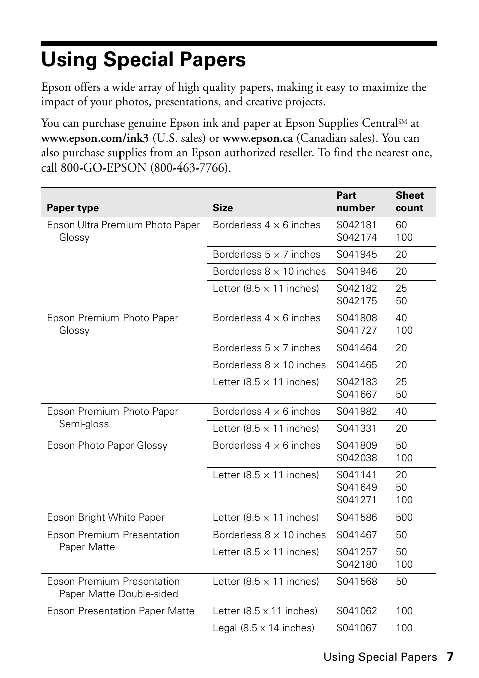 Using special papers | Epson STYLUS NX410 User Manual | Page 7 / 48