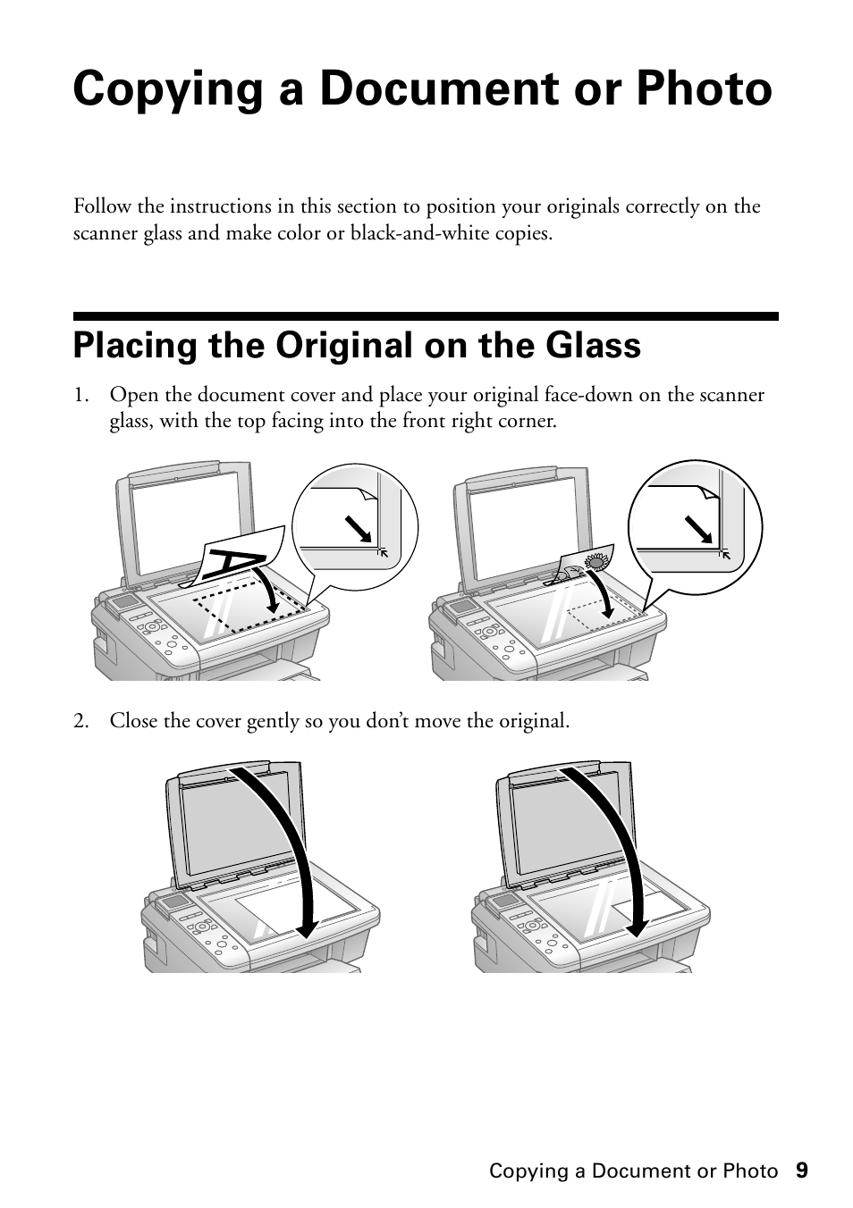 Copying a document or photo, Placing the original on the glass | Epson STYLUS NX410 User Manual | Page 9 / 48