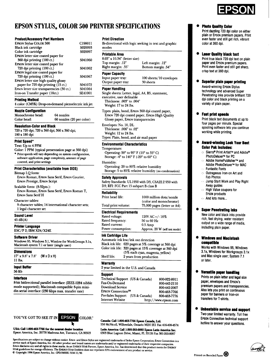 Epson PhotoPC 500 User Manual | 1 page