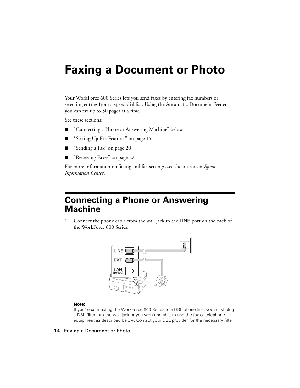 Faxing a document or photo, Connecting a phone or answering machine | Epson WorkForce 600 Series User Manual | Page 14 / 56