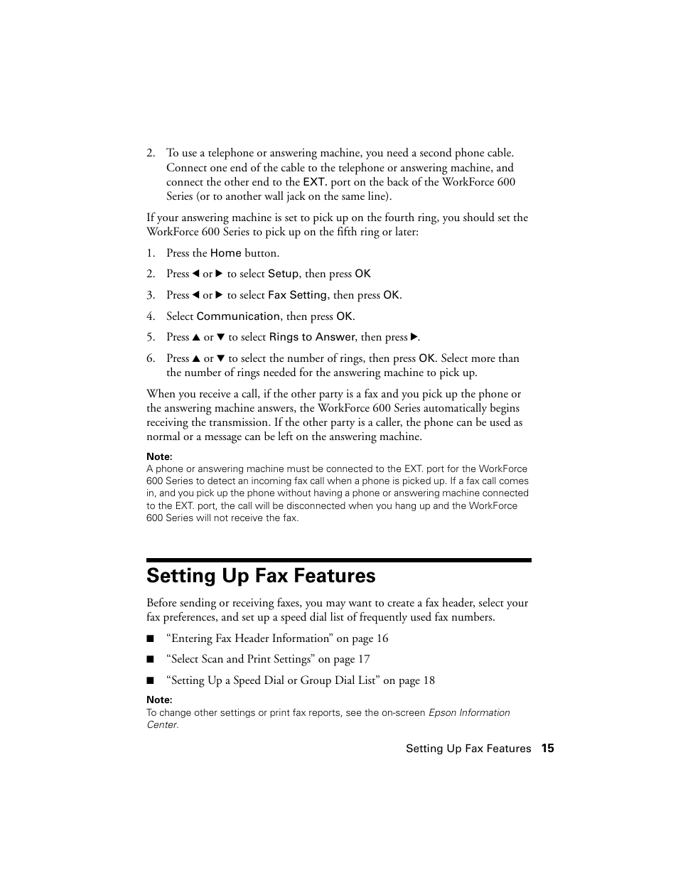 Setting up fax features | Epson WorkForce 600 Series User Manual | Page 15 / 56