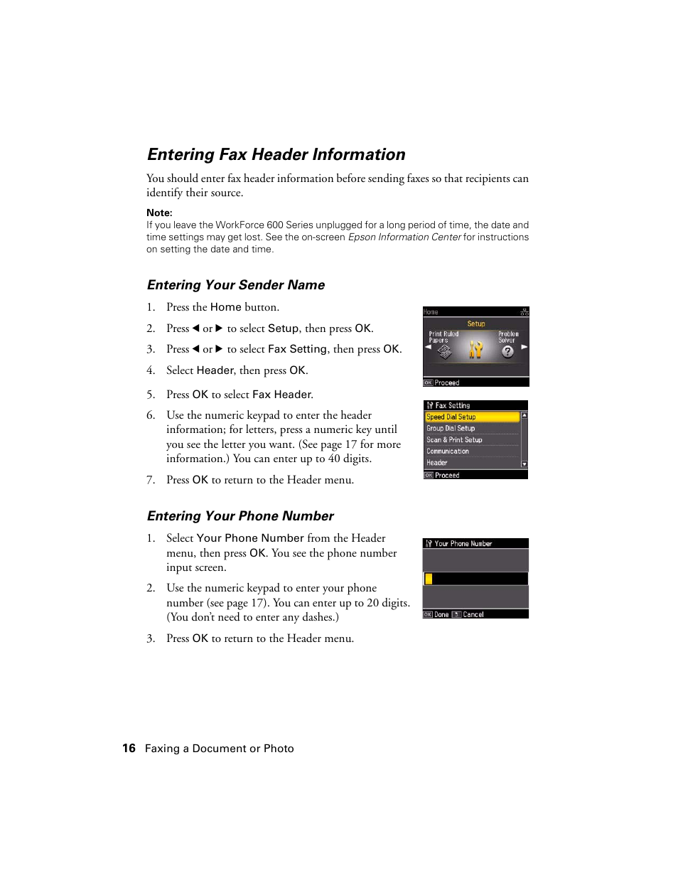 Entering fax header information | Epson WorkForce 600 Series User Manual | Page 16 / 56