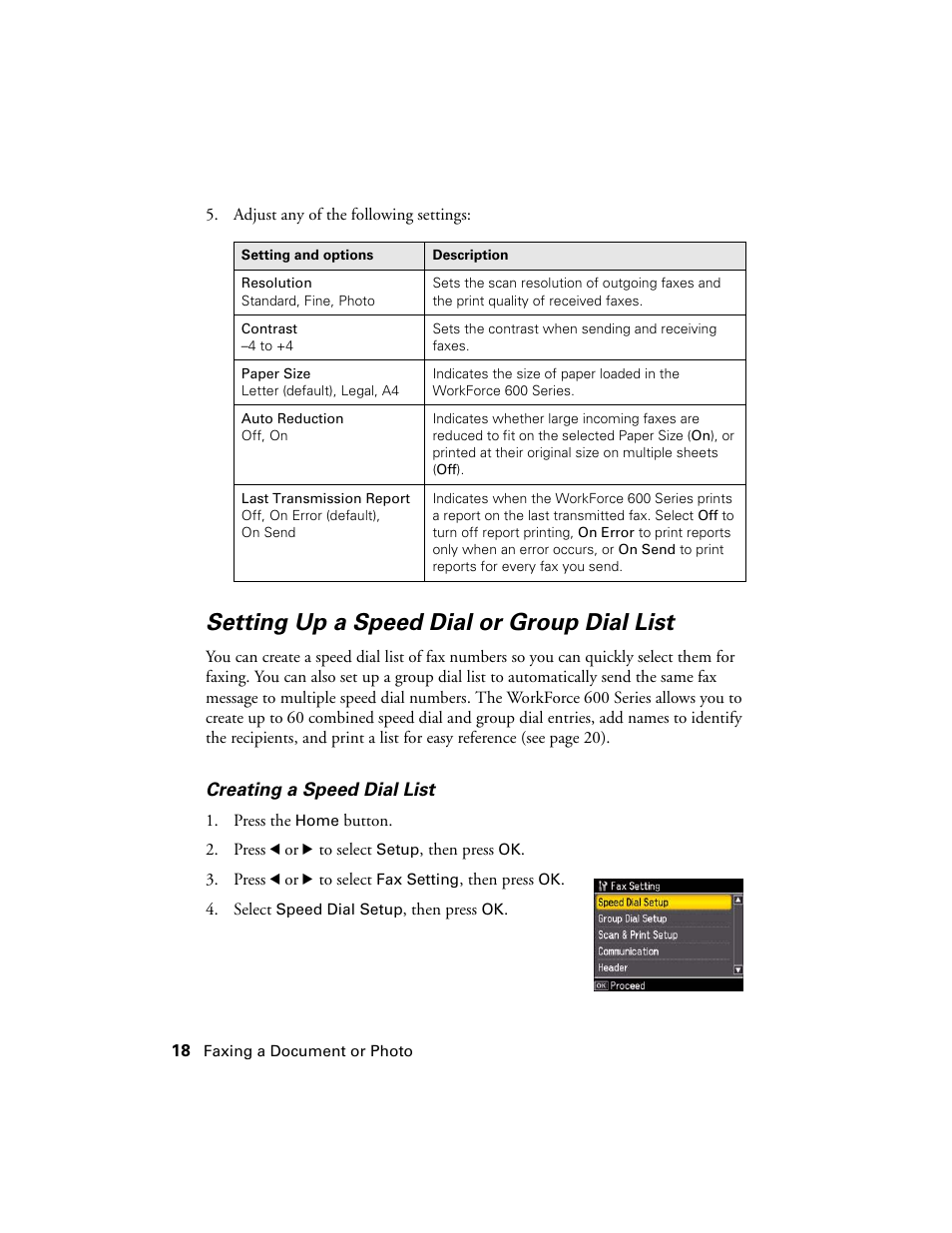 Setting up a speed dial or group dial list | Epson WorkForce 600 Series User Manual | Page 18 / 56