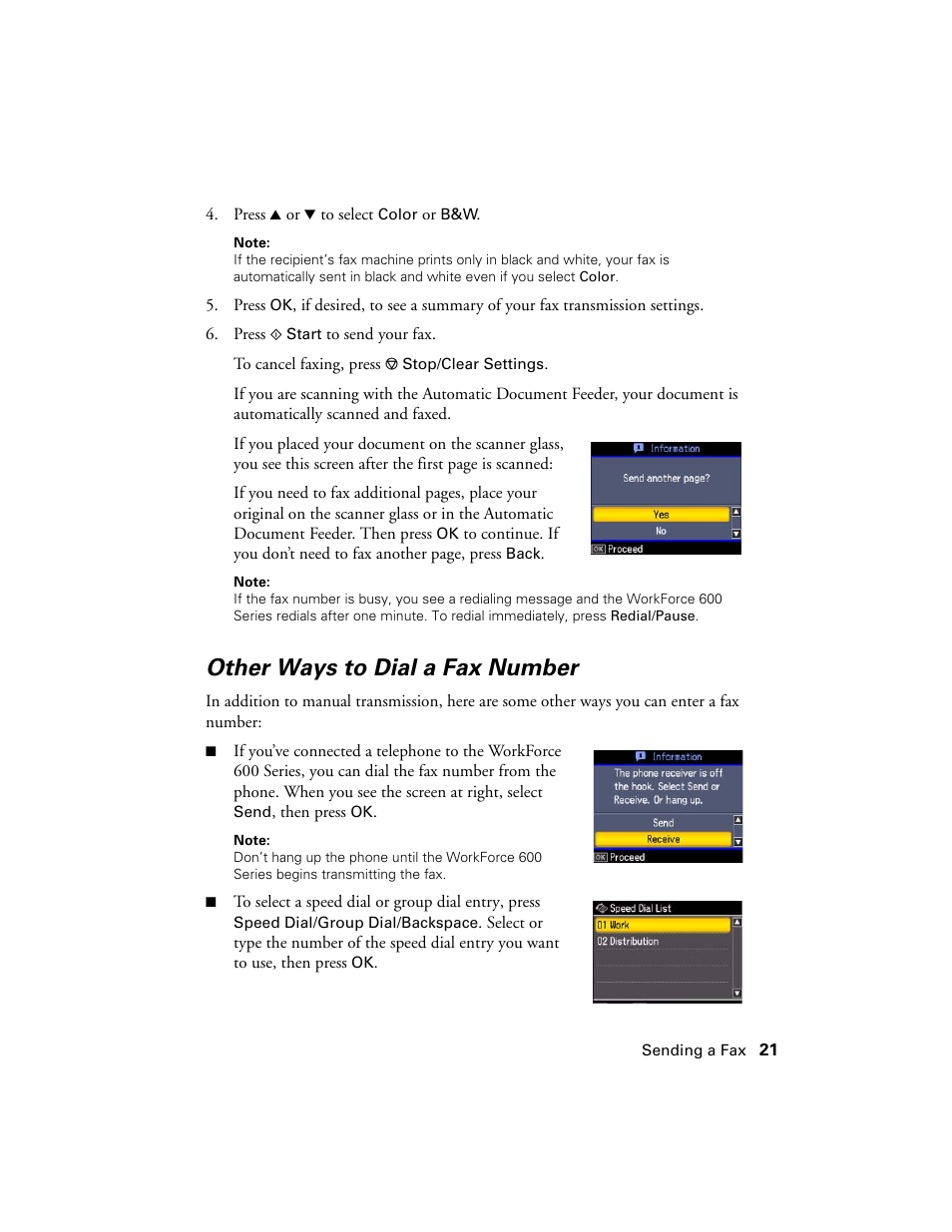 Other ways to dial a fax number | Epson WorkForce 600 Series User Manual | Page 21 / 56