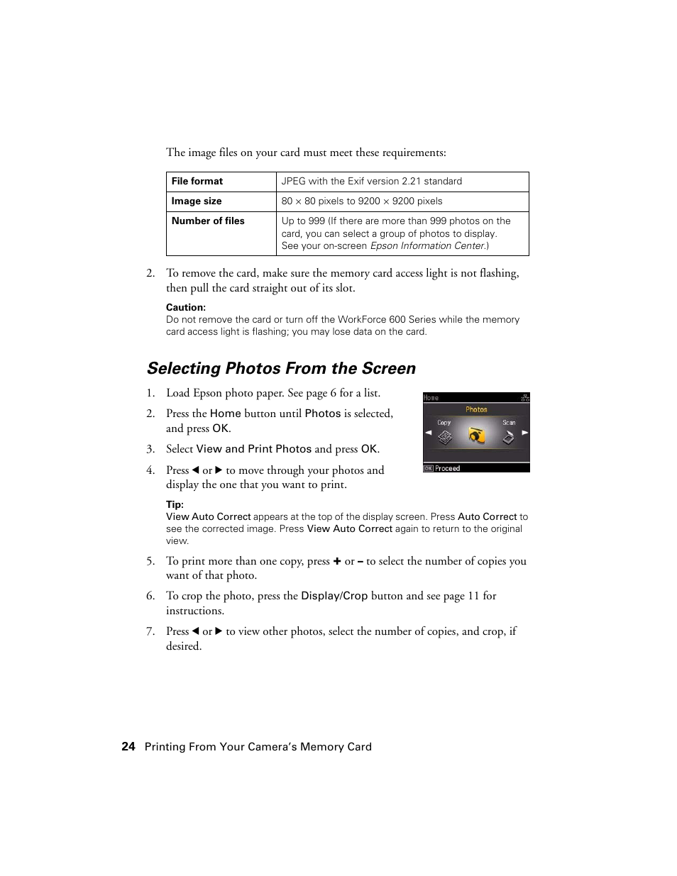 Selecting photos from the screen | Epson WorkForce 600 Series User Manual | Page 24 / 56