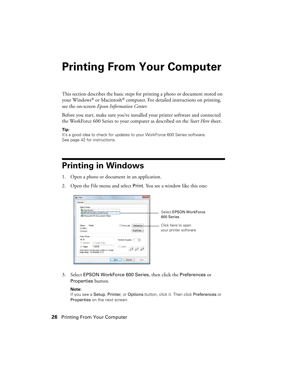 Printing from your computer, Printing in windows | Epson WorkForce 600 Series User Manual | Page 26 / 56