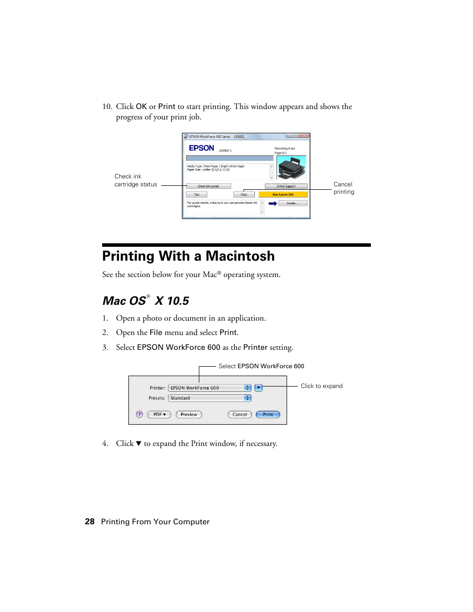 Printing with a macintosh, Mac os x 10.5 | Epson WorkForce 600 Series User Manual | Page 28 / 56