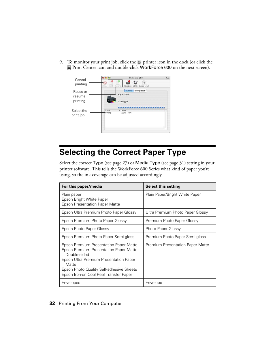 Selecting the correct paper type | Epson WorkForce 600 Series User Manual | Page 32 / 56