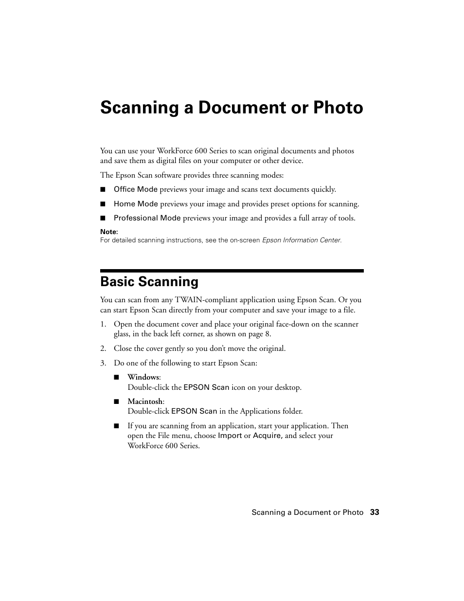 Scanning a document or photo, Basic scanning | Epson WorkForce 600 Series User Manual | Page 33 / 56