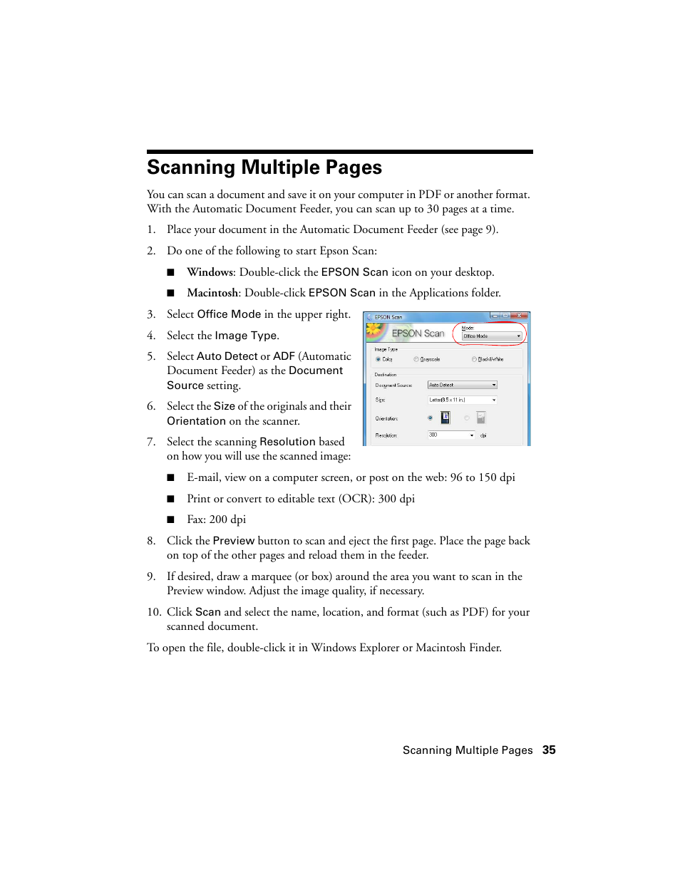 Scanning multiple pages | Epson WorkForce 600 Series User Manual | Page 35 / 56